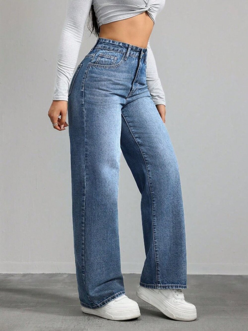 Medium Wash Casual Women's Pocketed Wide Leg Loose Denim Pants - Picture 5 of 5